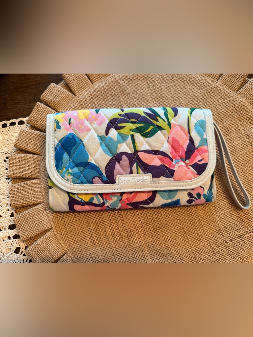Vera Bradley Quilted Floral Wristlet in Blue, Pink, Purple & Green